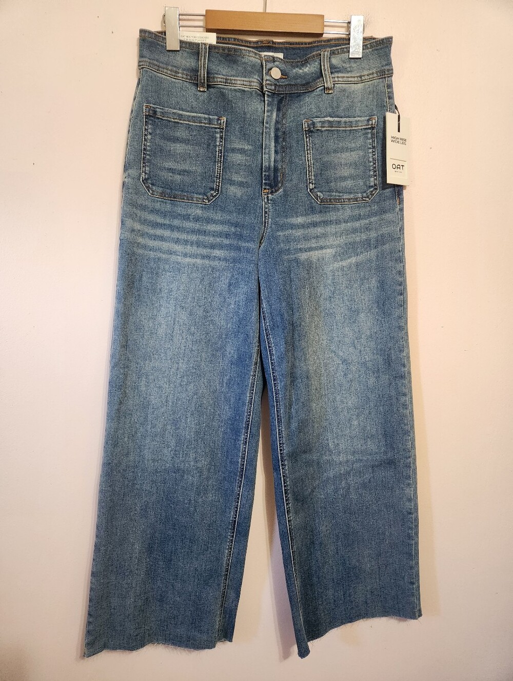 NWT OAT New York High Rise Wide Leg Raw Hem Denim Jeans Utility Pocket Size 30